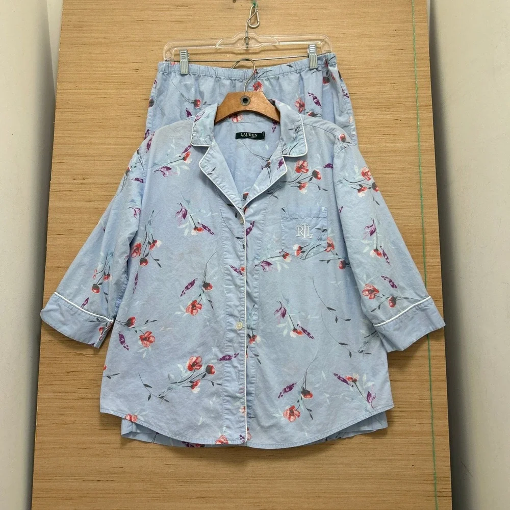 Lauren Ralph Lauren Blue Floral Pajama Set 3/4 Sleeve Button Top Crop Pants L